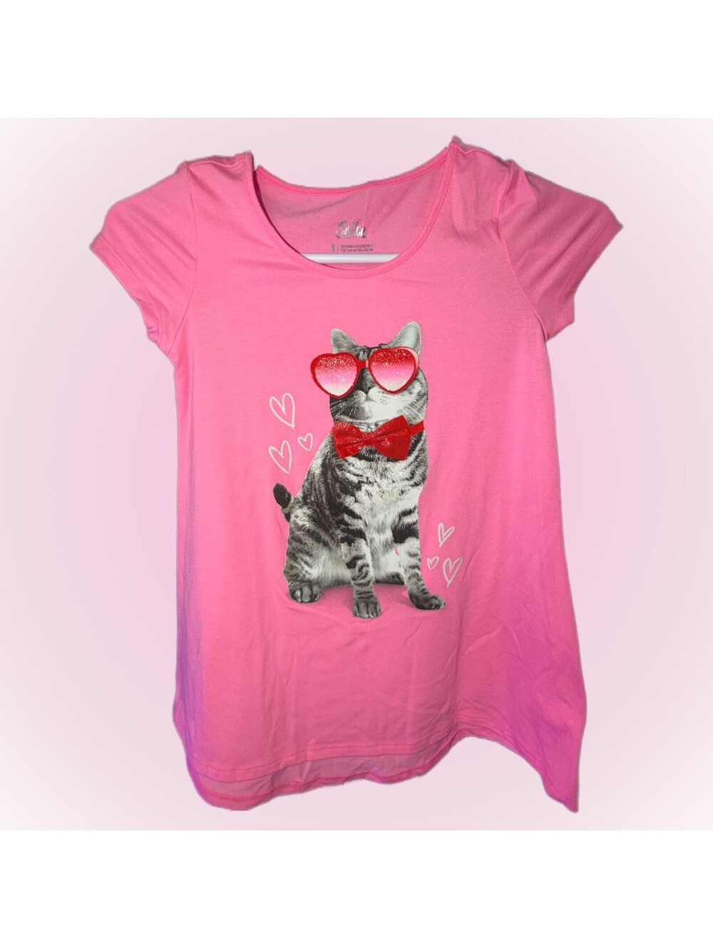 Girls New NWOT Bright Pink Short Sleeve Top / Shirt | Justice | Cat with Glasses